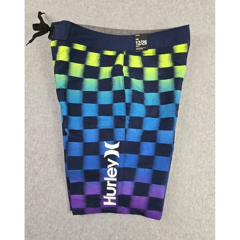 Hurley Board Shorts Boys Size 12 Swimming Trunks Checkered Logo Bathing Suit NEW